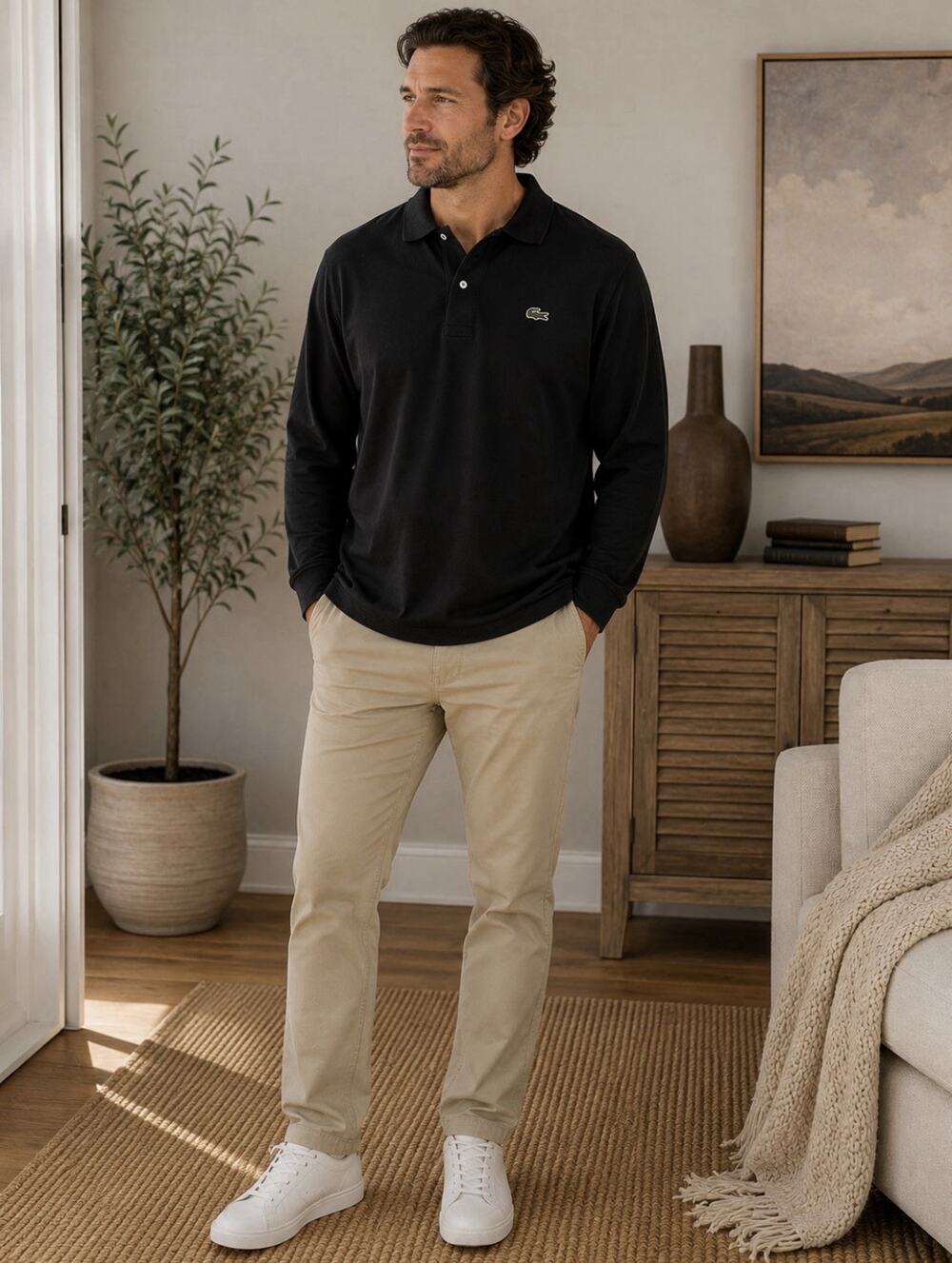 Lacoste Mens Long Sleeve Polo Shirt Gray Pique Knit Crocodile Logo Size 6 L XL